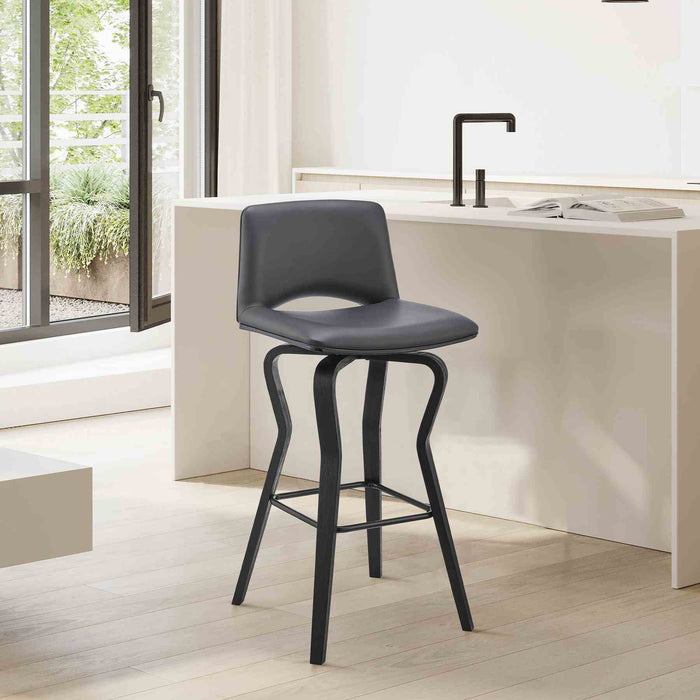 Gerty 30" Swivel Gray Faux Leather and Black Wood Bar Stool