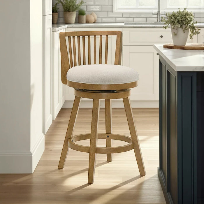 Harper 26 in. Amber Glow Counter Height Rubberwood Swivel Barstool with Ivory Fabric Seat