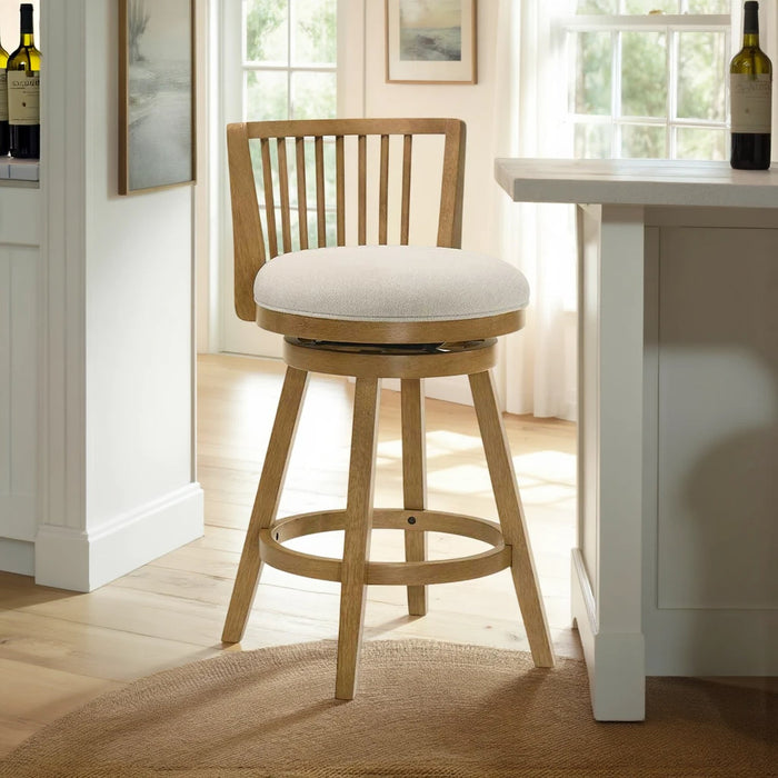 Harper 30 in. Amber Glow Bar Height Rubberwood Swivel Barstool with Ivory Fabric Seat
