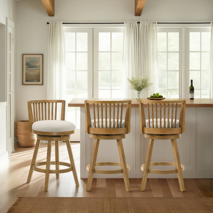 Harper 30 in. Amber Glow Bar Height Rubberwood Swivel Barstool with Ivory Fabric Seat