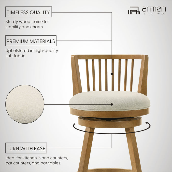 Harper 30 in. Amber Glow Bar Height Rubberwood Swivel Barstool with Ivory Fabric Seat