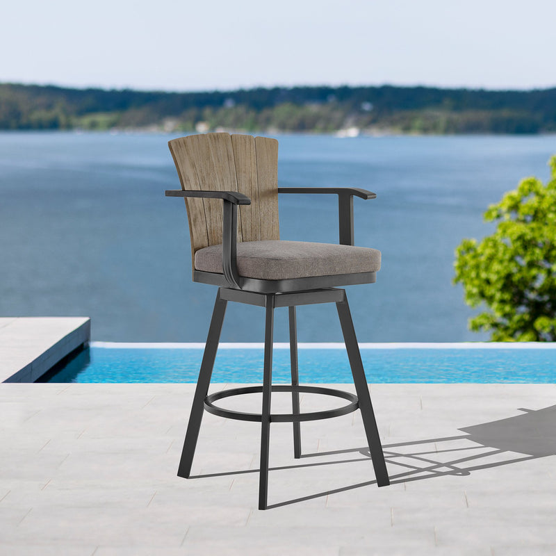 Hazel Outdoor Patio Swivel Counter Stool in Aluminum with Teak Wood and Charcoal Cushion - Furniture City (CA)l