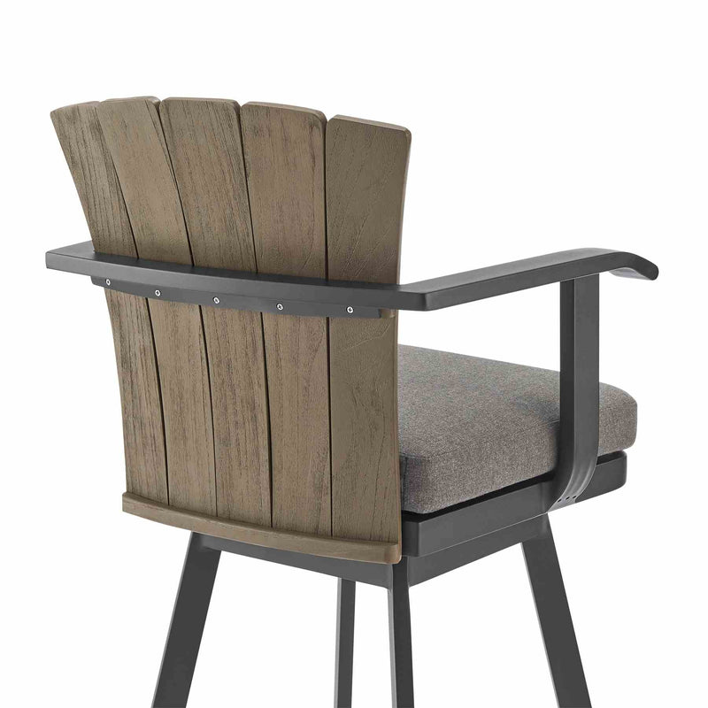 Hazel Outdoor Patio Swivel Bar Stool in Aluminum with Teak Wood and Charcoal Cushion - Furniture City (CA)l