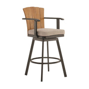 Hazel Outdoor Patio Swivel Counter Stool in Aluminum with Teak Wood and Brown Cushion - Furniture City (CA)l