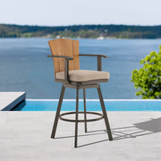 Hazel Outdoor Patio Swivel Counter Stool in Aluminum with Teak Wood and Brown Cushion - Furniture City (CA)l