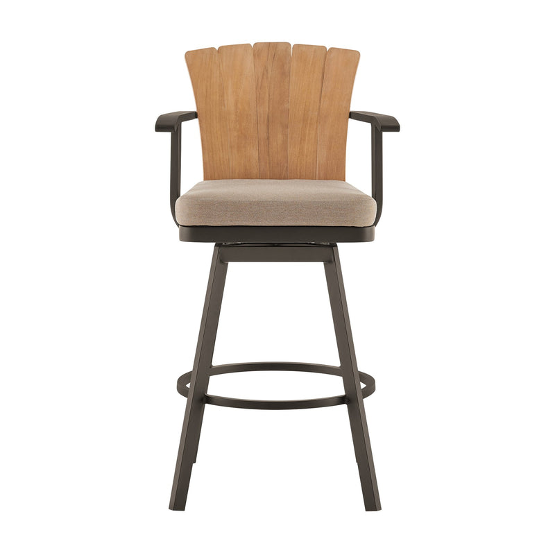 Hazel Outdoor Patio Swivel Counter Stool in Aluminum with Teak Wood and Brown Cushion - Furniture City (CA)l