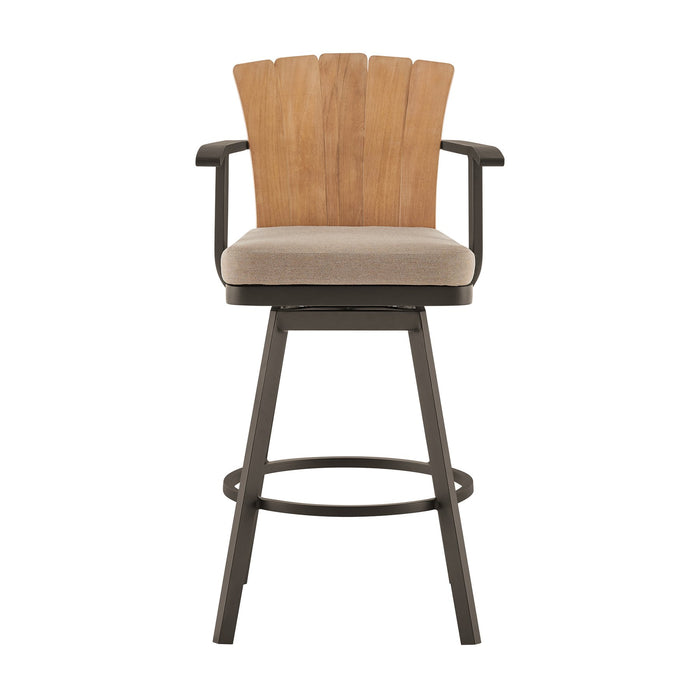 Hazel Outdoor Patio Swivel Counter Stool in Aluminum with Teak Wood and Brown Cushion