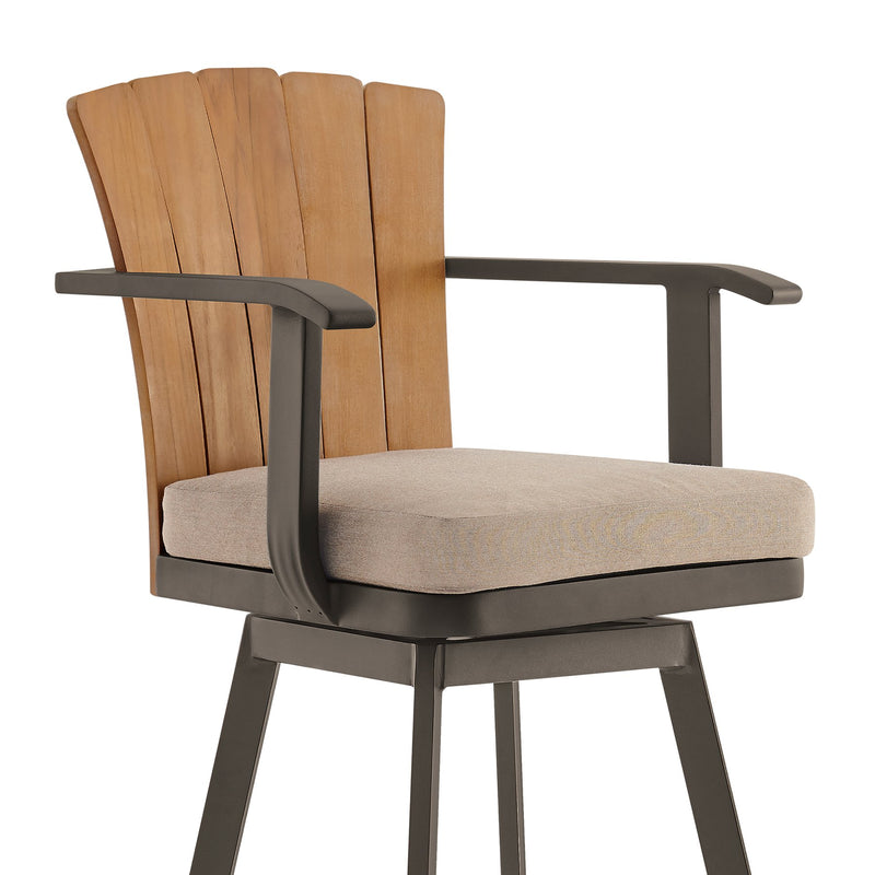 Hazel Outdoor Patio Swivel Counter Stool in Aluminum with Teak Wood and Brown Cushion - Furniture City (CA)l