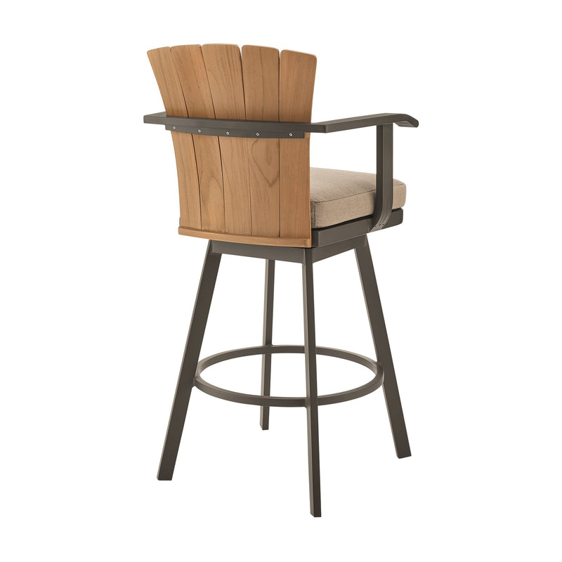 Hazel Outdoor Patio Swivel Bar Stool in Aluminum with Teak Wood and Brown Cushion - Furniture City (CA)l