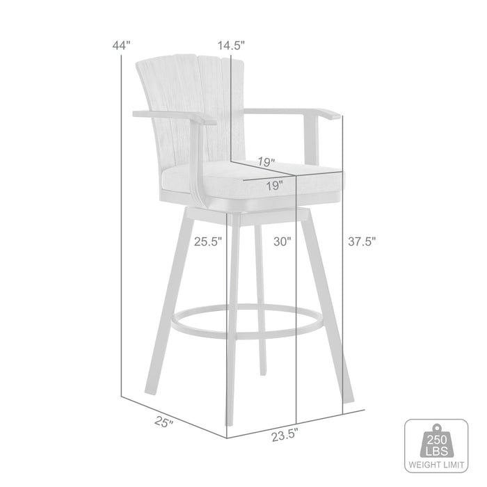 Hazel Outdoor Patio Swivel Bar Stool in Aluminum with Teak Wood and Brown Cushion