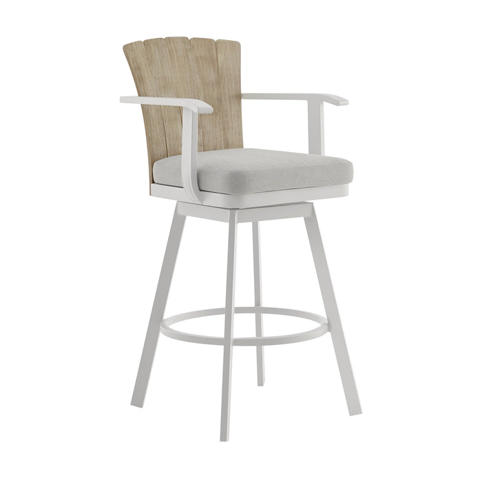 Hazel Outdoor Patio Swivel Counter Stool in Aluminum with Teak Wood and Argent Gray Cushion