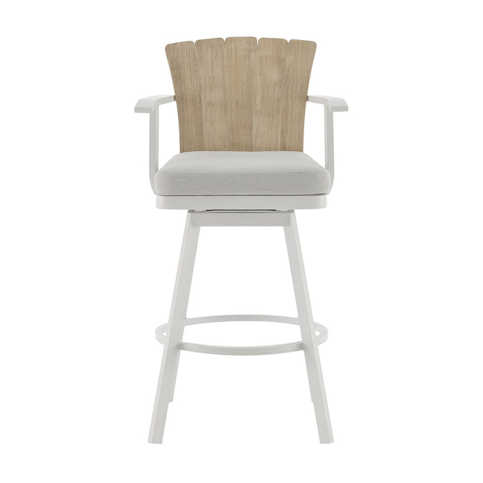Hazel Outdoor Patio Swivel Counter Stool in Aluminum with Teak Wood and Argent Gray Cushion