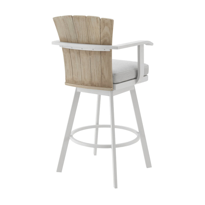 Hazel Outdoor Patio Swivel Counter Stool in Aluminum with Teak Wood and Argent Gray Cushion