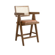 Harley Nutmeg Brown Solid Wood and Rattan Upholstered 26" Counter Height Barstool with Red/Brown Faux Leather Seat - Furniture City (CA)l