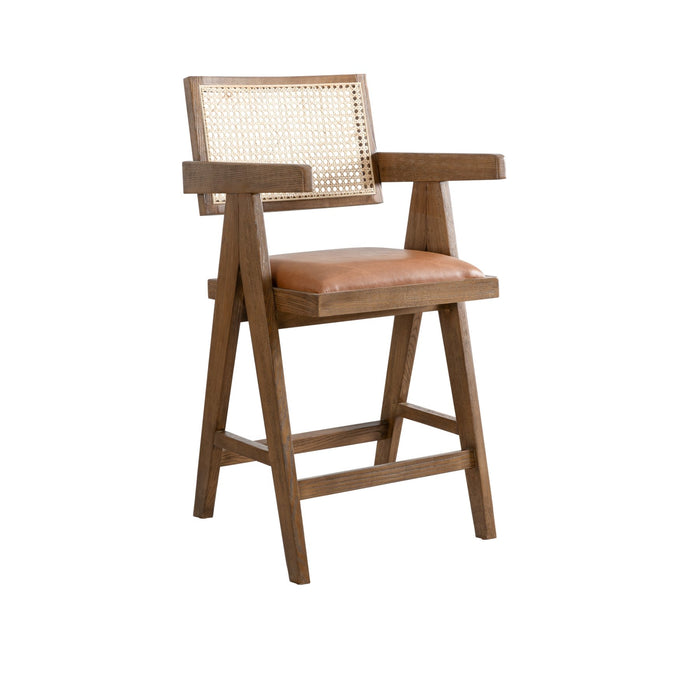 Harley Nutmeg Brown Solid Wood and Rattan Upholstered 26" Counter Height Barstool with Red/Brown Faux Leather Seat