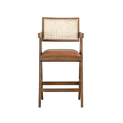 Harley Nutmeg Brown Solid Wood and Rattan Upholstered 26" Counter Height Barstool with Red/Brown Faux Leather Seat - Furniture City (CA)l