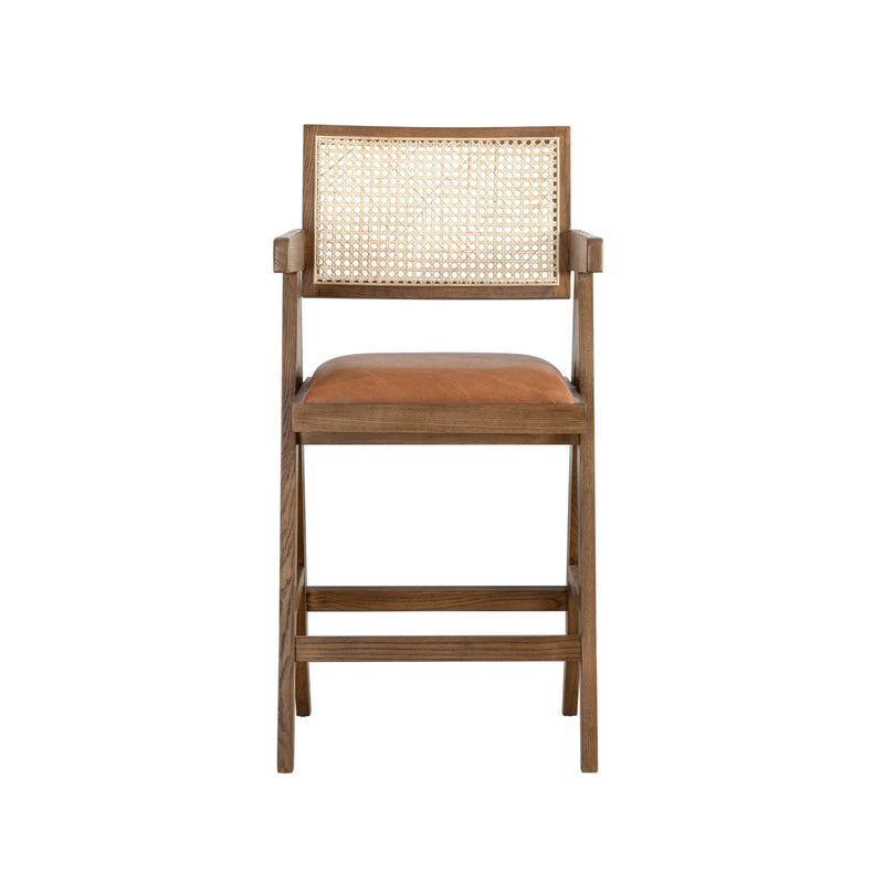 Harley Nutmeg Brown Solid Wood and Rattan Upholstered 26" Counter Height Barstool with Red/Brown Faux Leather Seat - Furniture City (CA)l