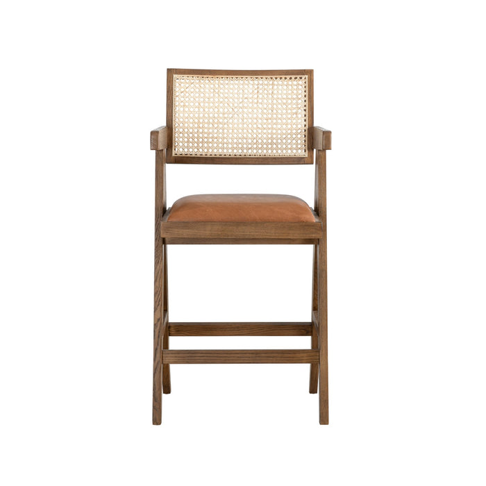 Harley Nutmeg Brown Solid Wood and Rattan Upholstered 26" Counter Height Barstool with Red/Brown Faux Leather Seat