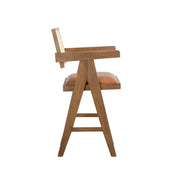 Harley Nutmeg Brown Solid Wood and Rattan Upholstered 26" Counter Height Barstool with Red/Brown Faux Leather Seat - Furniture City (CA)l