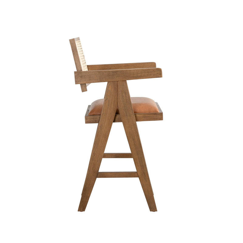 Harley Nutmeg Brown Solid Wood and Rattan Upholstered 26" Counter Height Barstool with Red/Brown Faux Leather Seat - Furniture City (CA)l