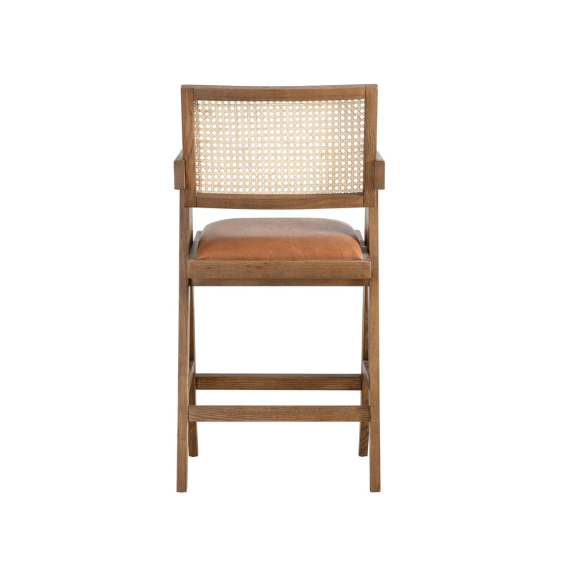 Harley Nutmeg Brown Solid Wood and Rattan Upholstered 26" Counter Height Barstool with Red/Brown Faux Leather Seat - Furniture City (CA)l