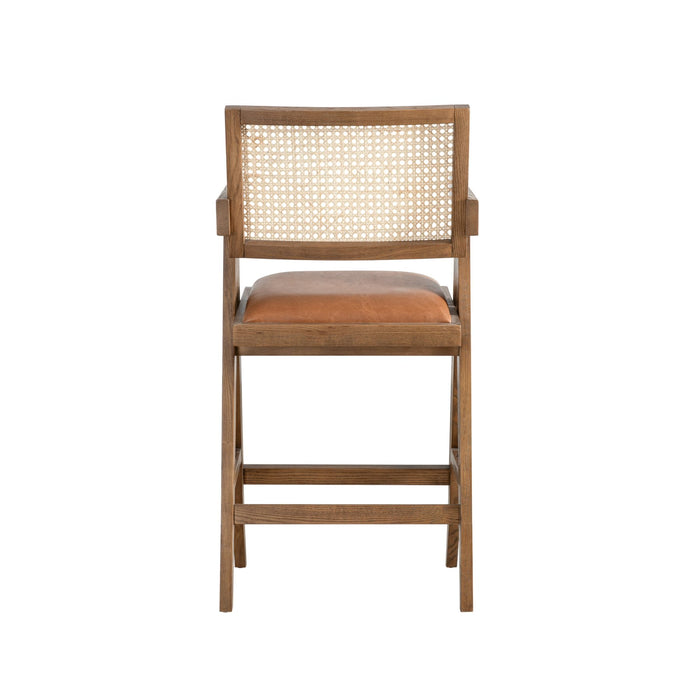Harley Nutmeg Brown Solid Wood and Rattan Upholstered 26" Counter Height Barstool with Red/Brown Faux Leather Seat