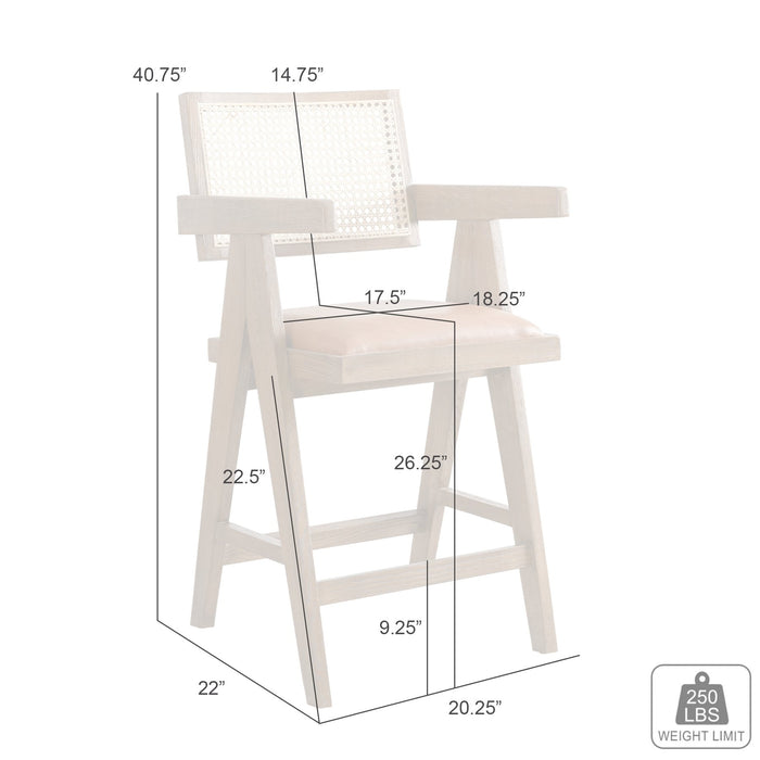 Harley Nutmeg Brown Solid Wood and Rattan Upholstered 26" Counter Height Barstool with Red/Brown Faux Leather Seat