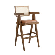 Harley Nutmeg Brown Solid Wood and Rattan Upholstered 30" Bar Height Barstool with Red/Brown Faux Leather Seat - Furniture City (CA)l