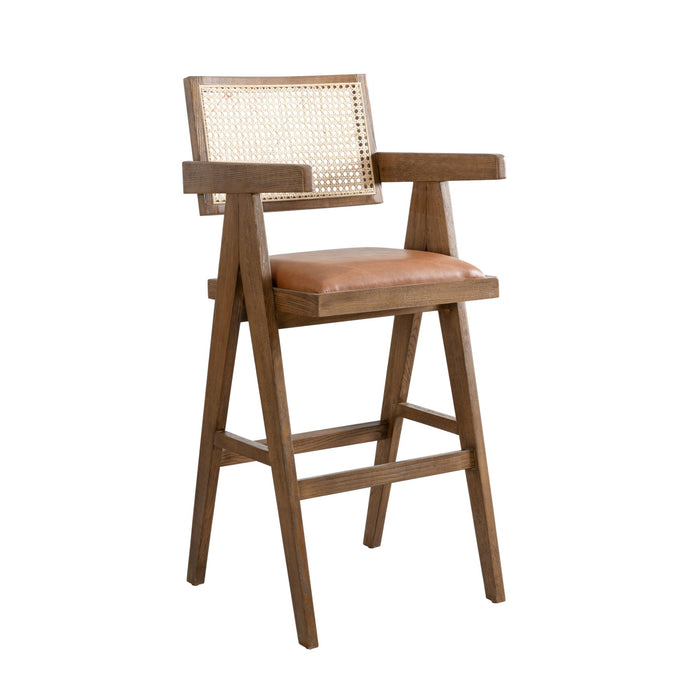 Harley Nutmeg Brown Solid Wood and Rattan Upholstered 30" Bar Height Barstool with Red/Brown Faux Leather Seat