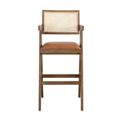 Harley Nutmeg Brown Solid Wood and Rattan Upholstered 30" Bar Height Barstool with Red/Brown Faux Leather Seat - Furniture City (CA)l