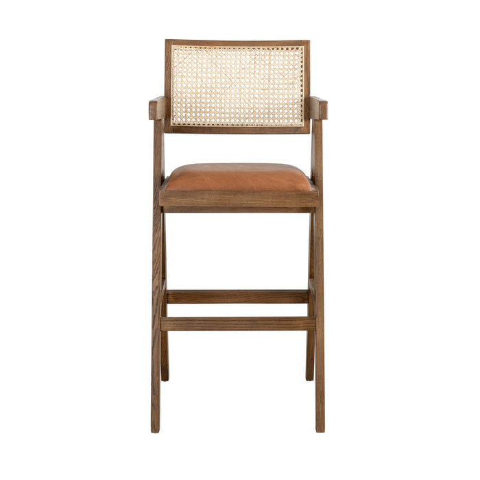 Harley Nutmeg Brown Solid Wood and Rattan Upholstered 30" Bar Height Barstool with Red/Brown Faux Leather Seat