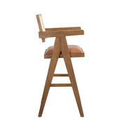 Harley Nutmeg Brown Solid Wood and Rattan Upholstered 30" Bar Height Barstool with Red/Brown Faux Leather Seat - Furniture City (CA)l