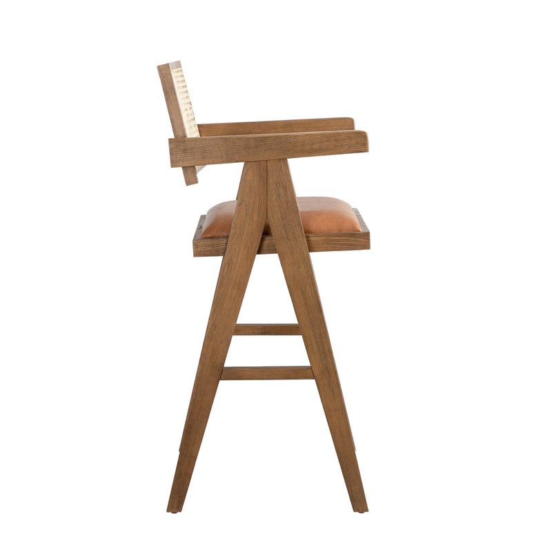Harley Nutmeg Brown Solid Wood and Rattan Upholstered 30" Bar Height Barstool with Red/Brown Faux Leather Seat - Furniture City (CA)l
