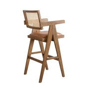 Harley Nutmeg Brown Solid Wood and Rattan Upholstered 30" Bar Height Barstool with Red/Brown Faux Leather Seat - Furniture City (CA)l