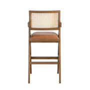 Harley Nutmeg Brown Solid Wood and Rattan Upholstered 30" Bar Height Barstool with Red/Brown Faux Leather Seat - Furniture City (CA)l