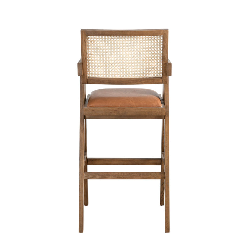 Harley Nutmeg Brown Solid Wood and Rattan Upholstered 30" Bar Height Barstool with Red/Brown Faux Leather Seat - Furniture City (CA)l