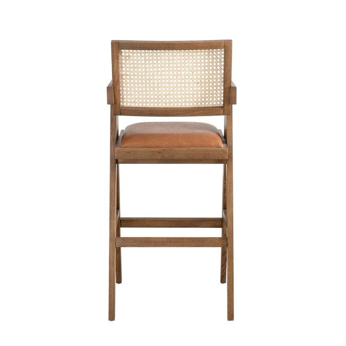Harley Nutmeg Brown Solid Wood and Rattan Upholstered 30" Bar Height Barstool with Red/Brown Faux Leather Seat
