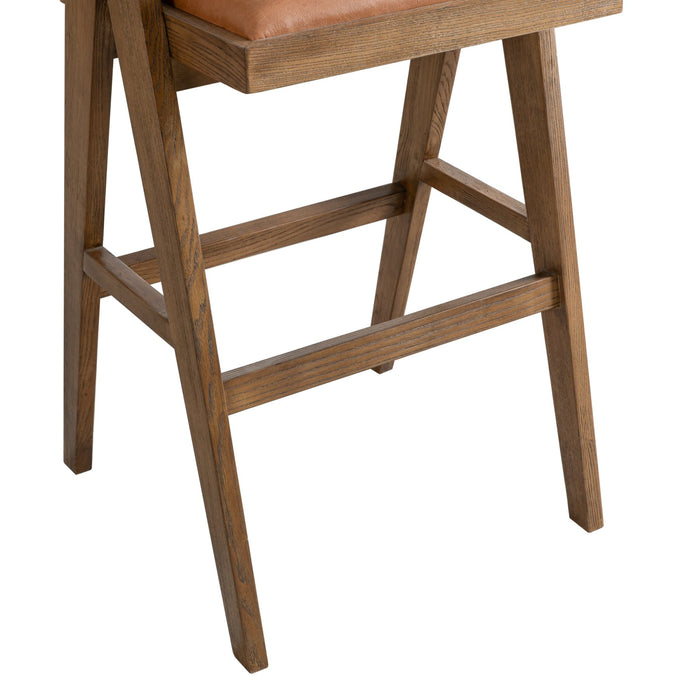 Harley Nutmeg Brown Solid Wood and Rattan Upholstered 30" Bar Height Barstool with Red/Brown Faux Leather Seat