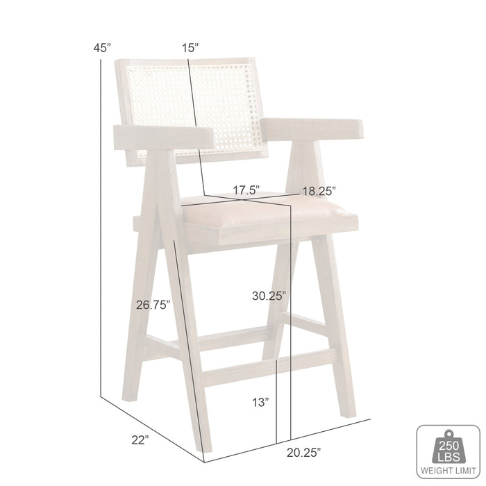 Harley Nutmeg Brown Solid Wood and Rattan Upholstered 30" Bar Height Barstool with Red/Brown Faux Leather Seat