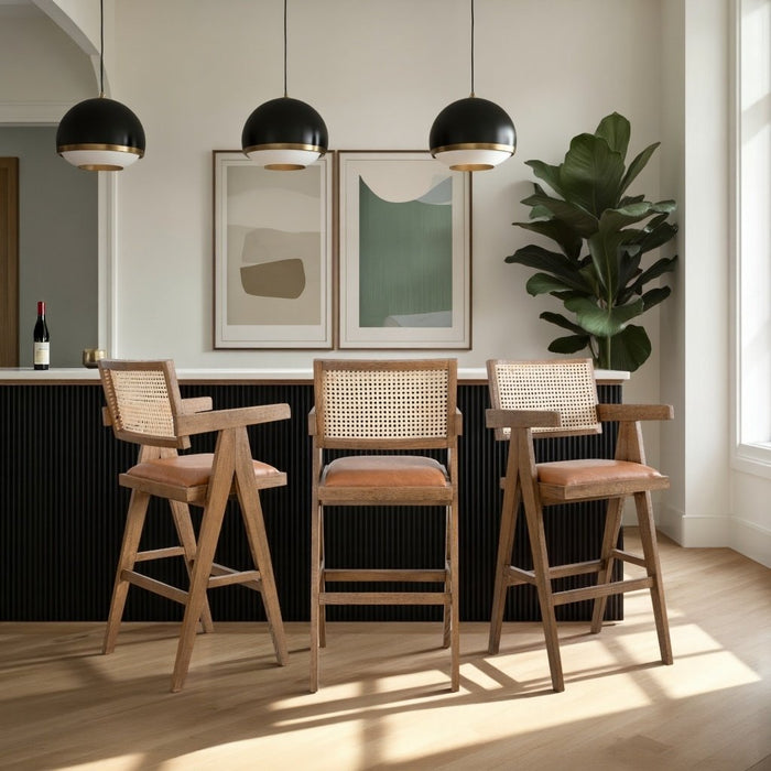 Harley Nutmeg Brown Solid Wood and Rattan Upholstered 30" Bar Height Barstool with Red/Brown Faux Leather Seat