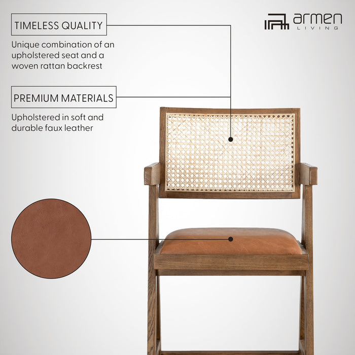 Harley Nutmeg Brown Solid Wood and Rattan Upholstered 30" Bar Height Barstool with Red/Brown Faux Leather Seat