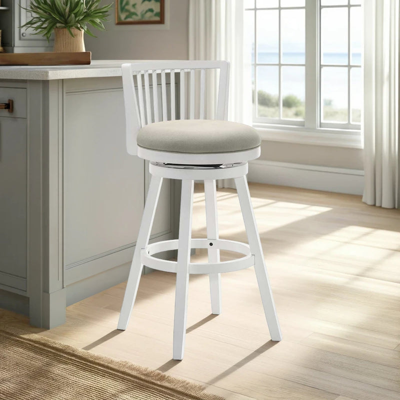 Harper 26 in. Matte White Counter Height Rubberwood Swivel Barstool with Fog Fabric Seat - Furniture City (CA)l