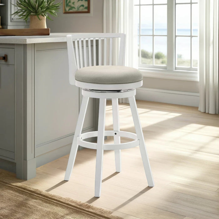 Harper 26 in. Matte White Counter Height Rubberwood Swivel Barstool with Fog Fabric Seat