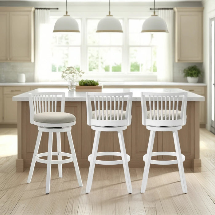 Harper 26 in. Matte White Counter Height Rubberwood Swivel Barstool with Fog Fabric Seat