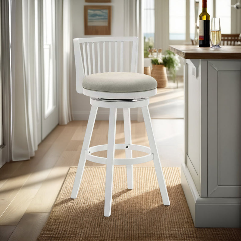 Harper 30 in. Matte White Bar Height Rubberwood Swivel Barstool with Fog Fabric Seat - Furniture City (CA)l