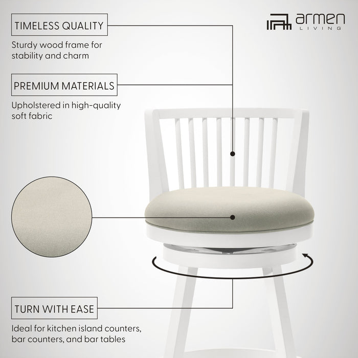 Harper 30 in. Matte White Bar Height Rubberwood Swivel Barstool with Fog Fabric Seat