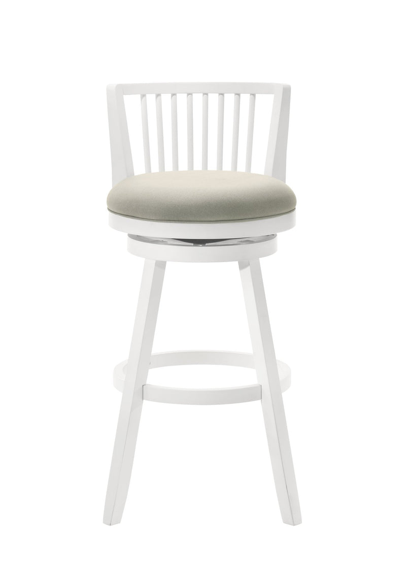 Harper 30 in. Matte White Bar Height Rubberwood Swivel Barstool with Fog Fabric Seat - Furniture City (CA)l