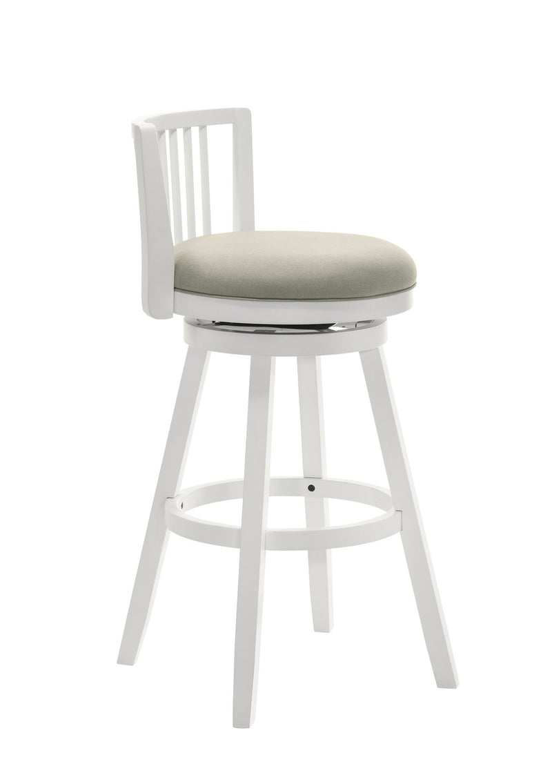 Harper 30 in. Matte White Bar Height Rubberwood Swivel Barstool with Fog Fabric Seat - Furniture City (CA)l
