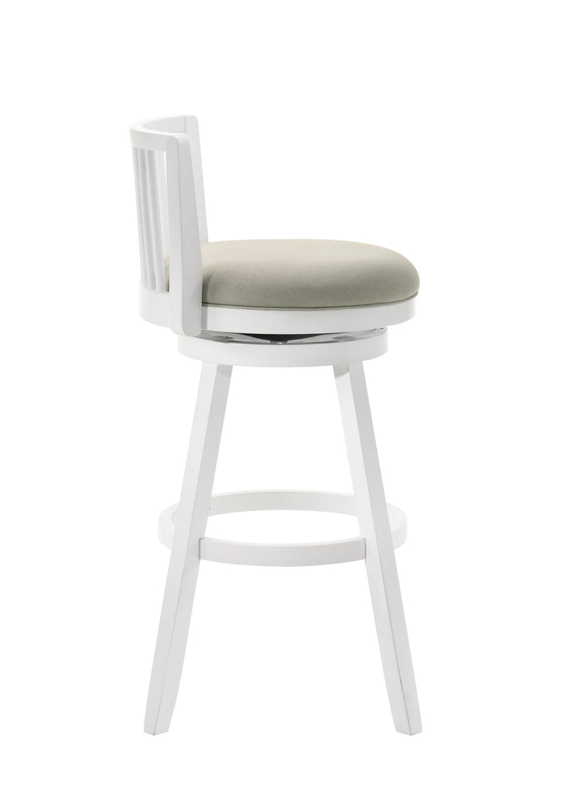 Harper 30 in. Matte White Bar Height Rubberwood Swivel Barstool with Fog Fabric Seat - Furniture City (CA)l