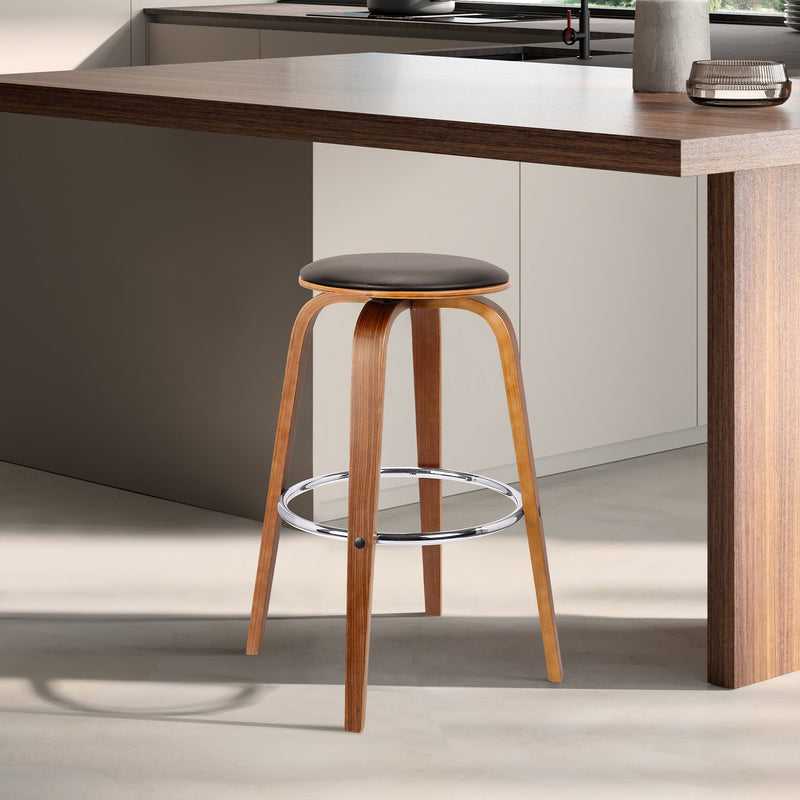Harbor 26" Counter Height Backless Swivel Brown Faux Leather and Walnut Wood Mid-Century Modern Bar Stool - Furniture City (CA)l